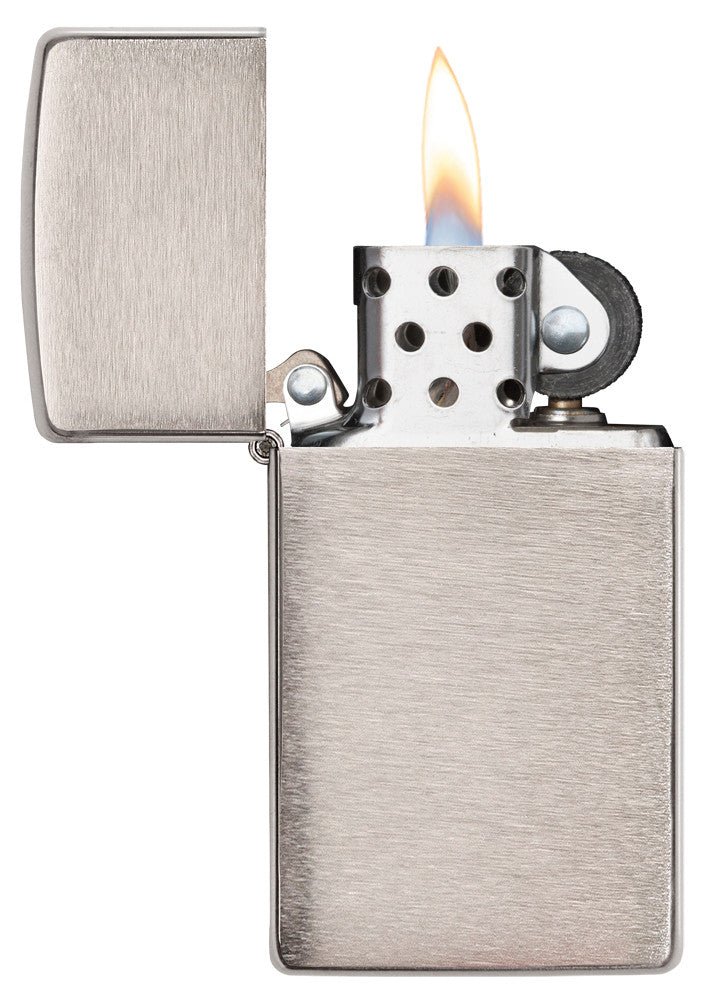 Frontansicht Slim Chrome Brushed Basismodell geöffnet mit Flamme