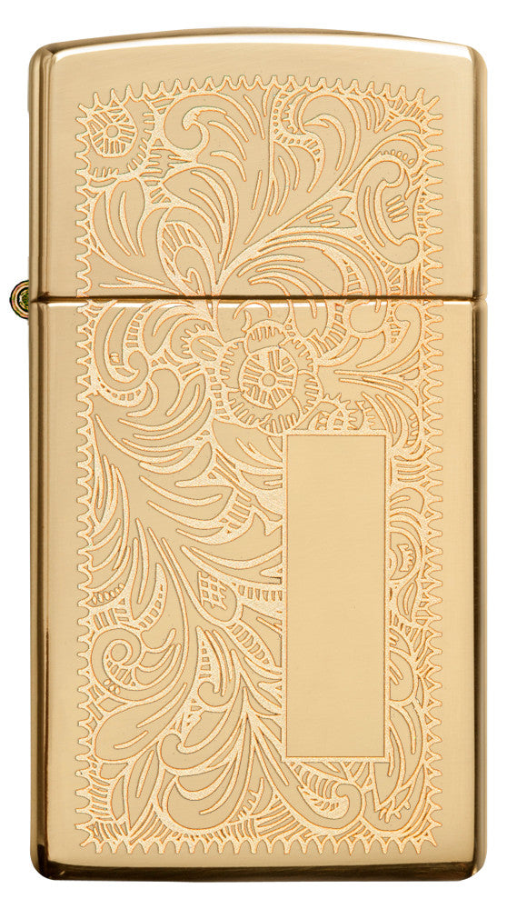 Frontansicht Zippo Feuerzeug Slim Brass mit venezianischem Blumen Design und Initialplatte