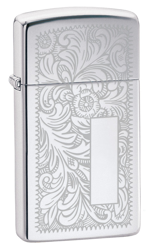Frontansicht 3/4 Winkel Zippo Feuerzeug Slim Chrome Venezianisches Blumenmuster mit Initialplatte