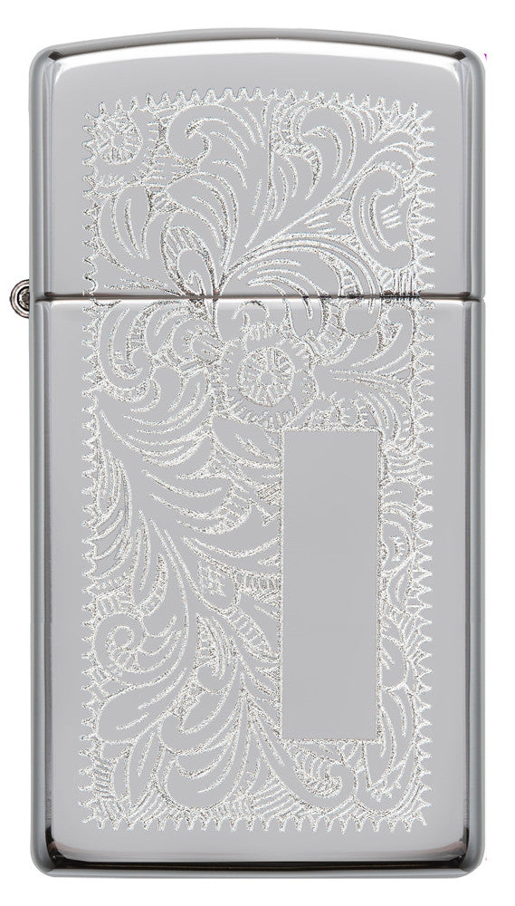 Frontansicht Zippo Feuerzeug Slim Chrome Venezianisches Blumenmuster mit Initialplatte