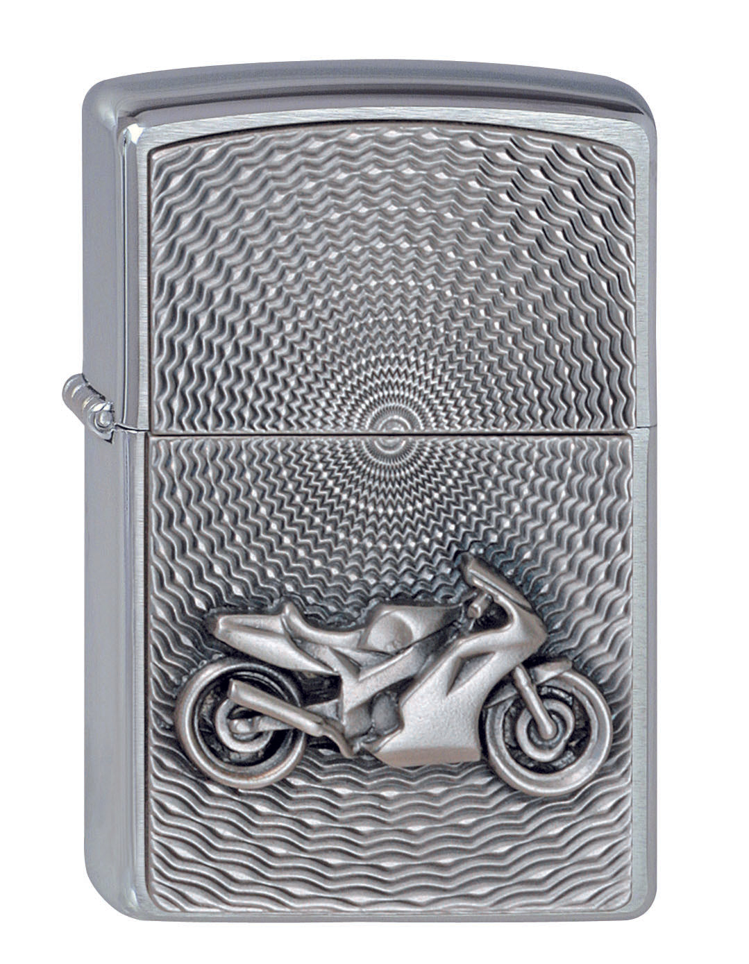 Frontansicht 3/4 Winkel Zippo Feuerzeug Chrom mit Motorrad Emblem