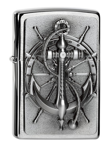 Frontansicht Zippo Feuerzeug chrom Steuerrad und Anker Emblem