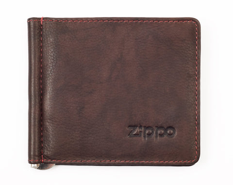 Zippo Leder Geldclip Börse Frontansicht geschlossen mit Zippo Logo in Braun