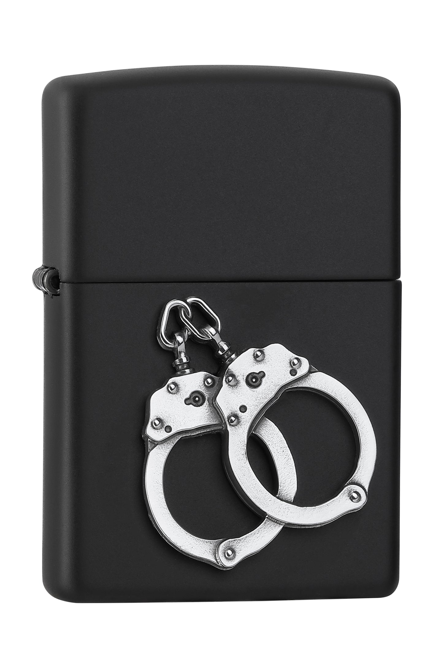 Frontansicht 3/4 Winkel Zippo Feuerzeug Schwarz Matt Emblem mit silbernen Handschellen