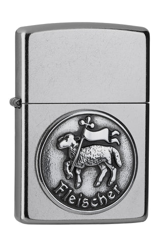 Frontansicht 3/4 Winkel Zippo Feuerzeug chrom Zunftzeichen Fleischer Emblem