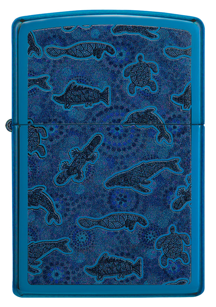 Zippo Feuerzeug Frontansicht in Hochglanz blau mit Abbildung von Meeresbewohner im Stil der Aborigine Kunst