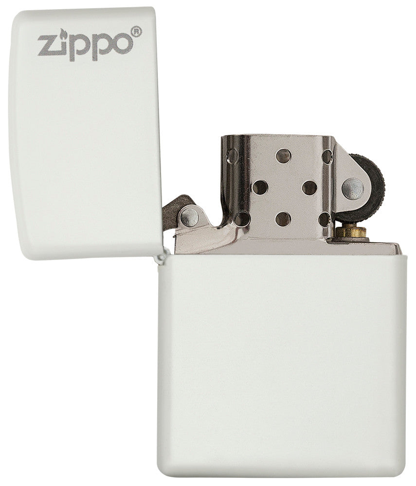 Frontansicht Zippo Feuerzeug Weiß Matt Basismodell mit Zippo Logo geöffnet