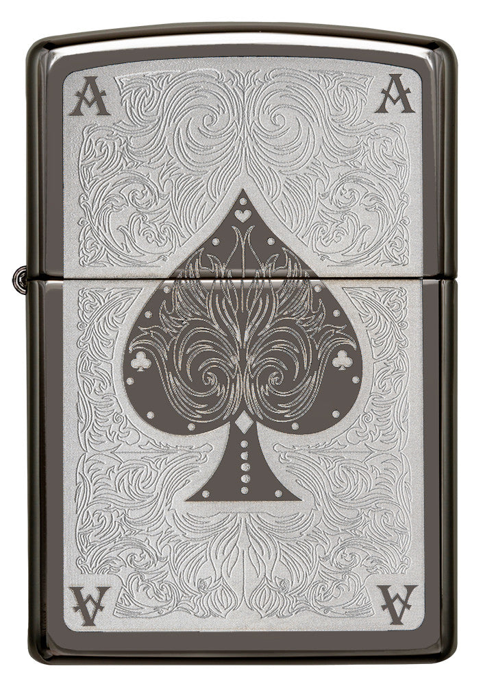 Zippo Feuerzeug Frontansicht mit two tone lasergravierter Pik-Ass Spielkarte mit filigranen Linien in silber