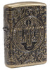 Zippo Feuerzeug Frontansicht ¾ Winkel Sankt Benedikt aus antikem Messing mit tiefen floralen Gravurenmuster