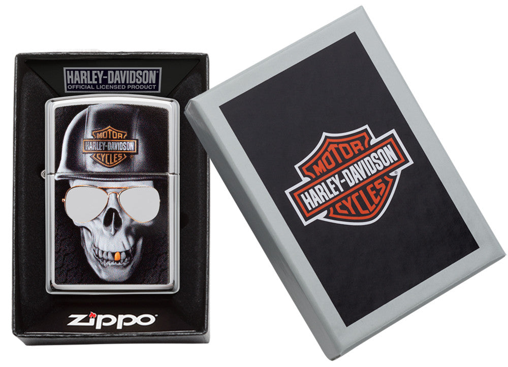 Zippo Feuerzeug chrom Harley Davidson großer Totenkopf mit Helm in offener Box