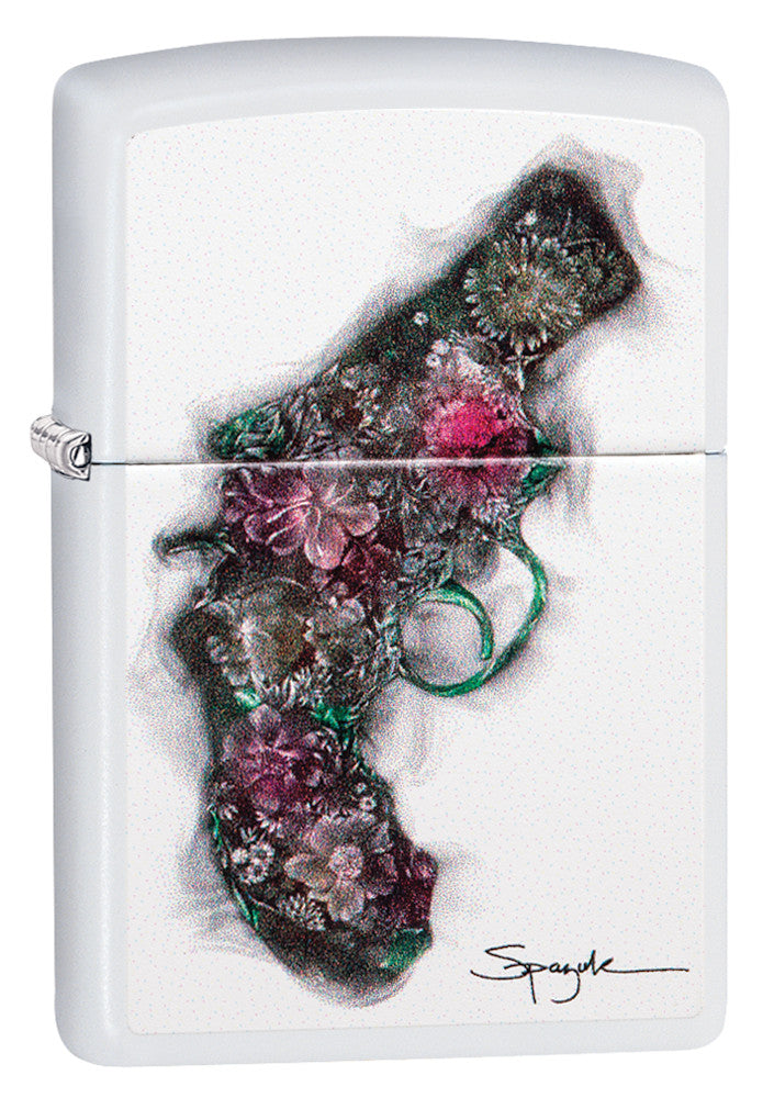Frontansicht 3/4 Winkel Zippo Feuerzeug weiß mit Pistole by Spazuk