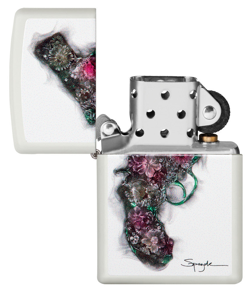 Zippo Feuerzeug weiß mit Pistole by Spazuk geöffnet