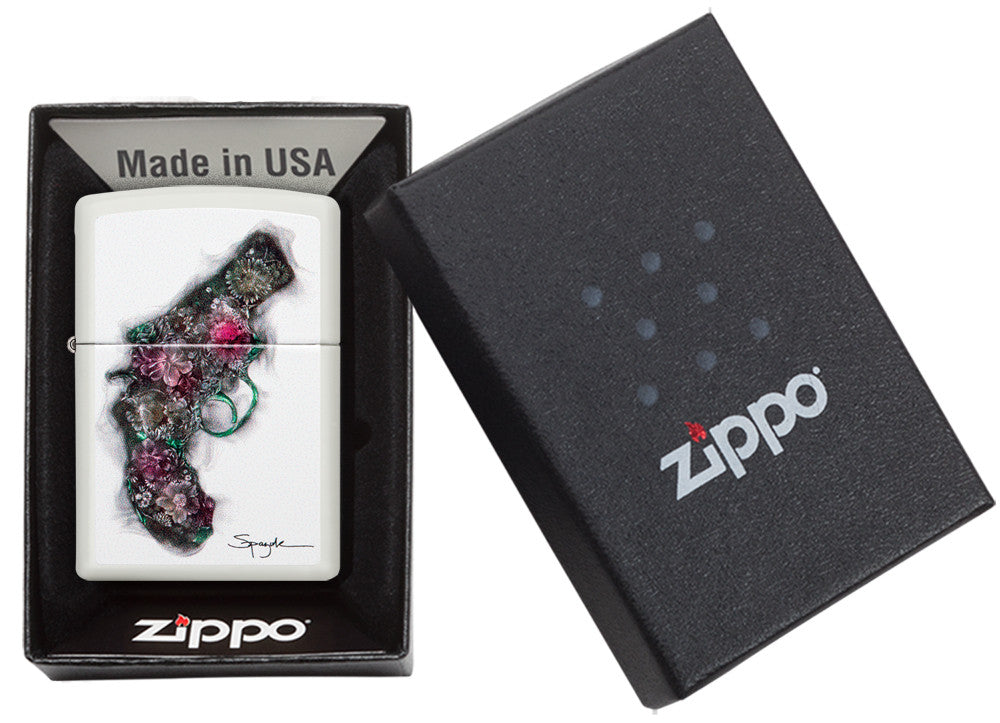 Zippo Feuerzeug weiß mit Pistole by Spazuk in offener Box