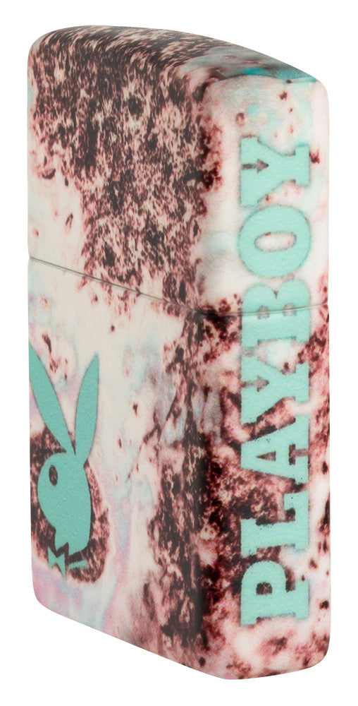 Zippo Feuerzeug Seitenansicht vorne mit bunter Farbpallette und mintfarbenen Playboy Hasenkopf und Logo