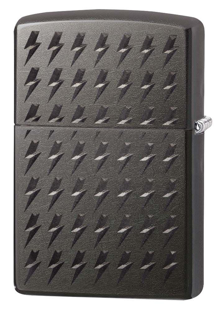 Zippo Feuerzeug Black Ice Rückansicht ¾ Winkel mit kleinen gravierten Blitzen auf schwarzem Hintergrund