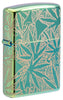 Frontansicht 3/4 Winkel Zippo Feuerzeug 360 Grad Design Hochglanz Grün mit Hanfblättern und Pilzen
