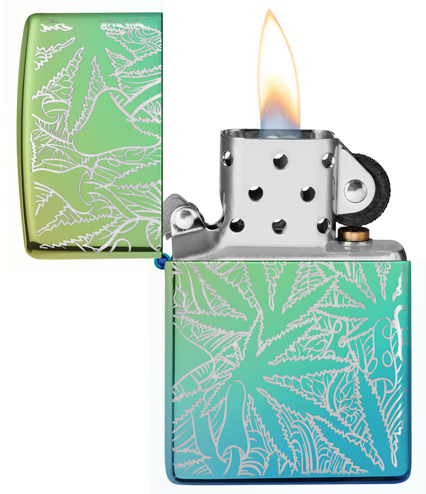 Zippo Feuerzeug 360 Grad Design Hochglanz Grün mit Hanfblättern und Pilzen geöffnet mit Flamme