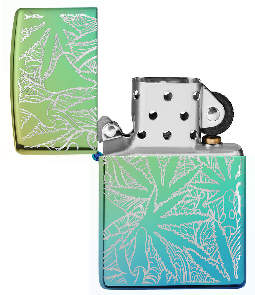 Zippo Feuerzeug 360 Grad Design Hochglanz Grün mit Hanfblättern und Pilzen geöffnet ohne Flamme