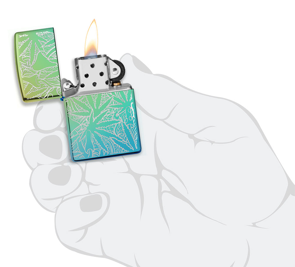 Zippo Feuerzeug 360 Grad Design Hochglanz Grün mit Hanfblättern und Pilzen geöffnet mit Flamme in stilisierter Hand