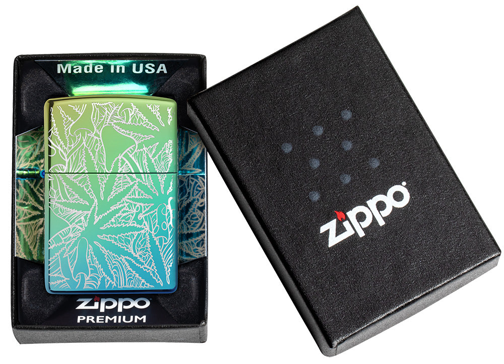 Zippo Feuerzeug 360 Grad Design Hochglanz Grün mit Hanfblättern und Pilzen in offener Premium Box