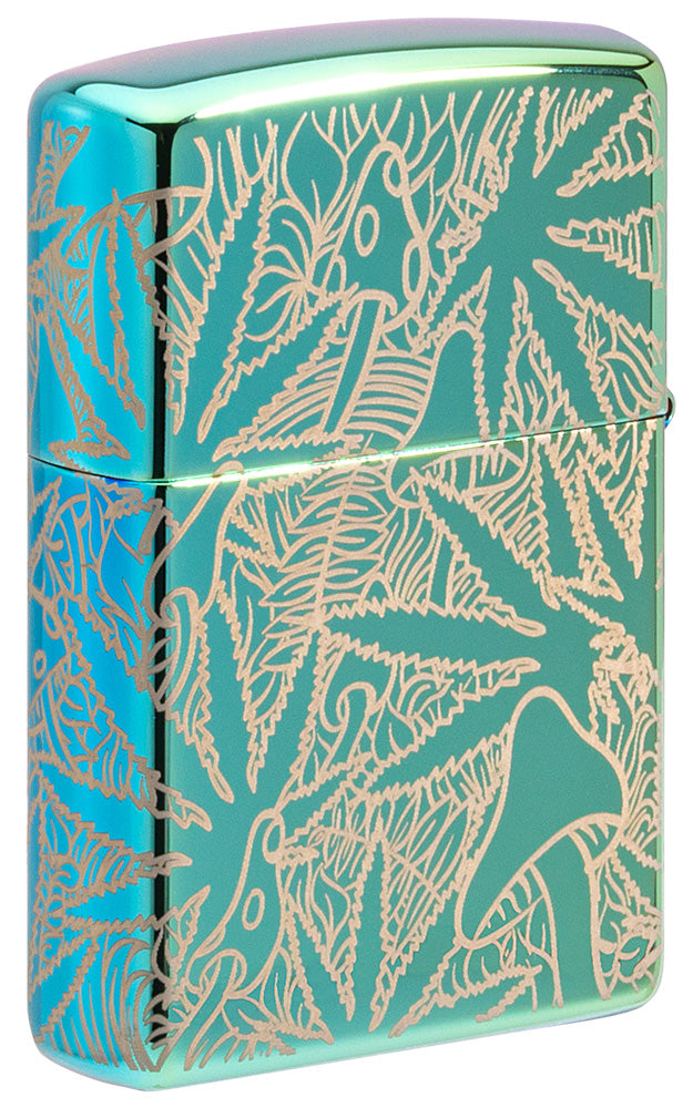 Rückansicht 3/4 Winkel Zippo Feuerzeug 360 Grad Design Hochglanz Grün mit Hanfblättern und Pilzen