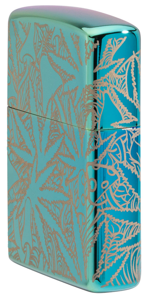 Seitenansicht Vorderseite Zippo Feuerzeug 360 Grad Design Hochglanz Grün mit Hanfblättern und Pilzen