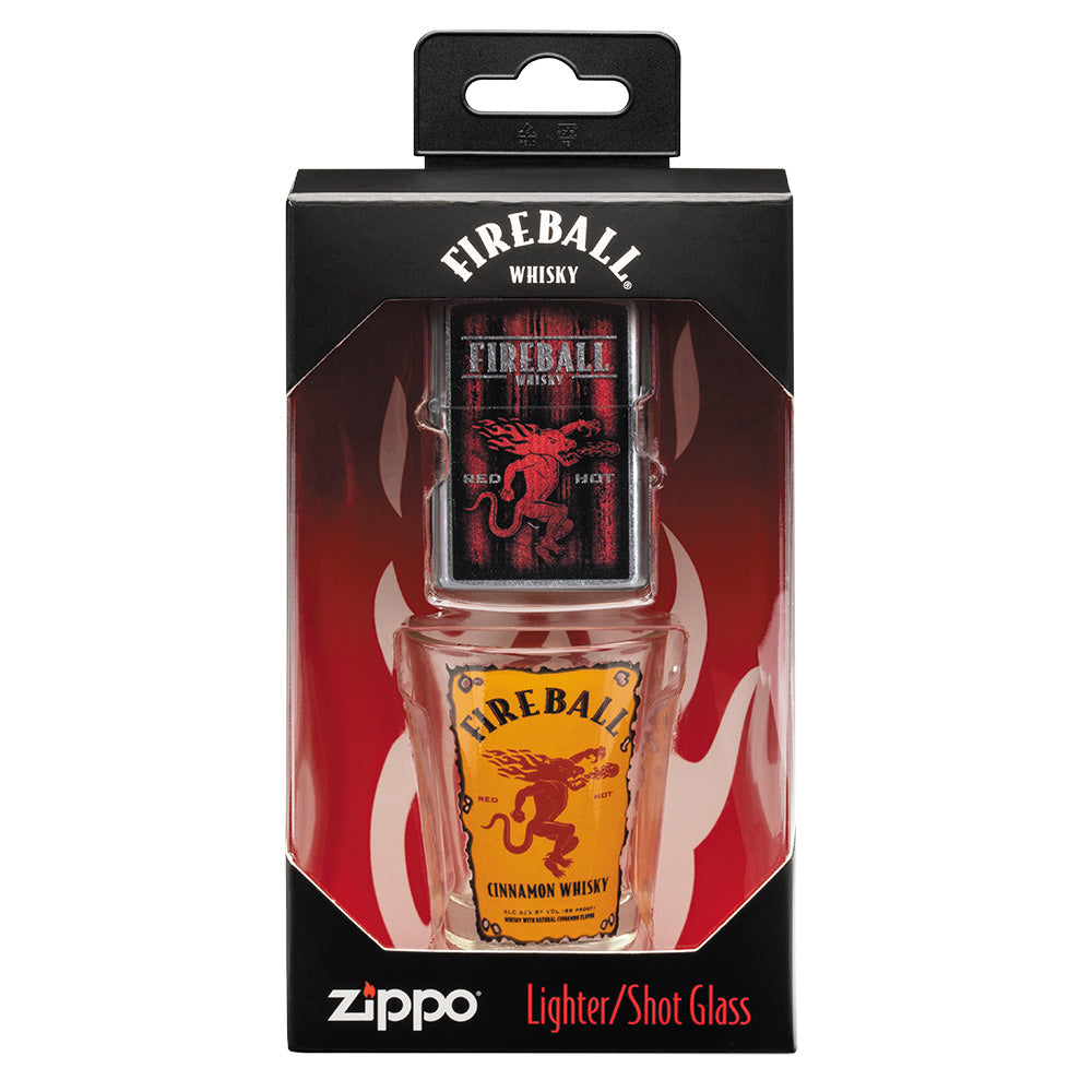 Frontansicht Geschenkset Fireball Whisky Feuerzeug mit Schnappsglas