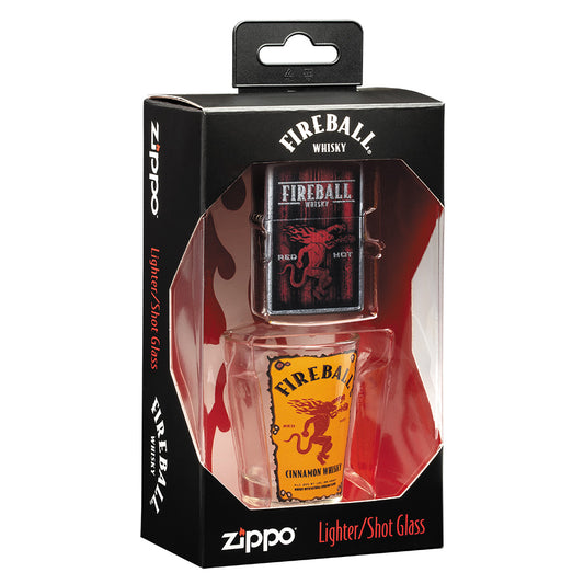 Seitenansicht Geschenkset Fireball Whisky Feuerzeug mit Schnappsglas