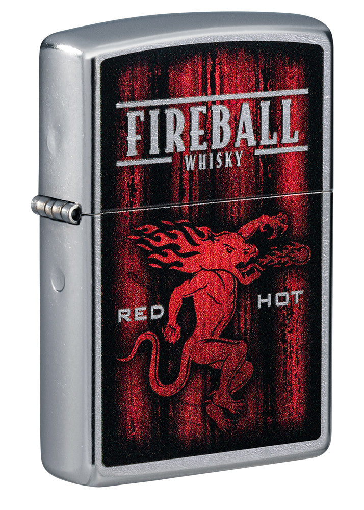 Frontansicht 3/4 Winkel Zippo Feuerzeug chrom Fireball Whisky