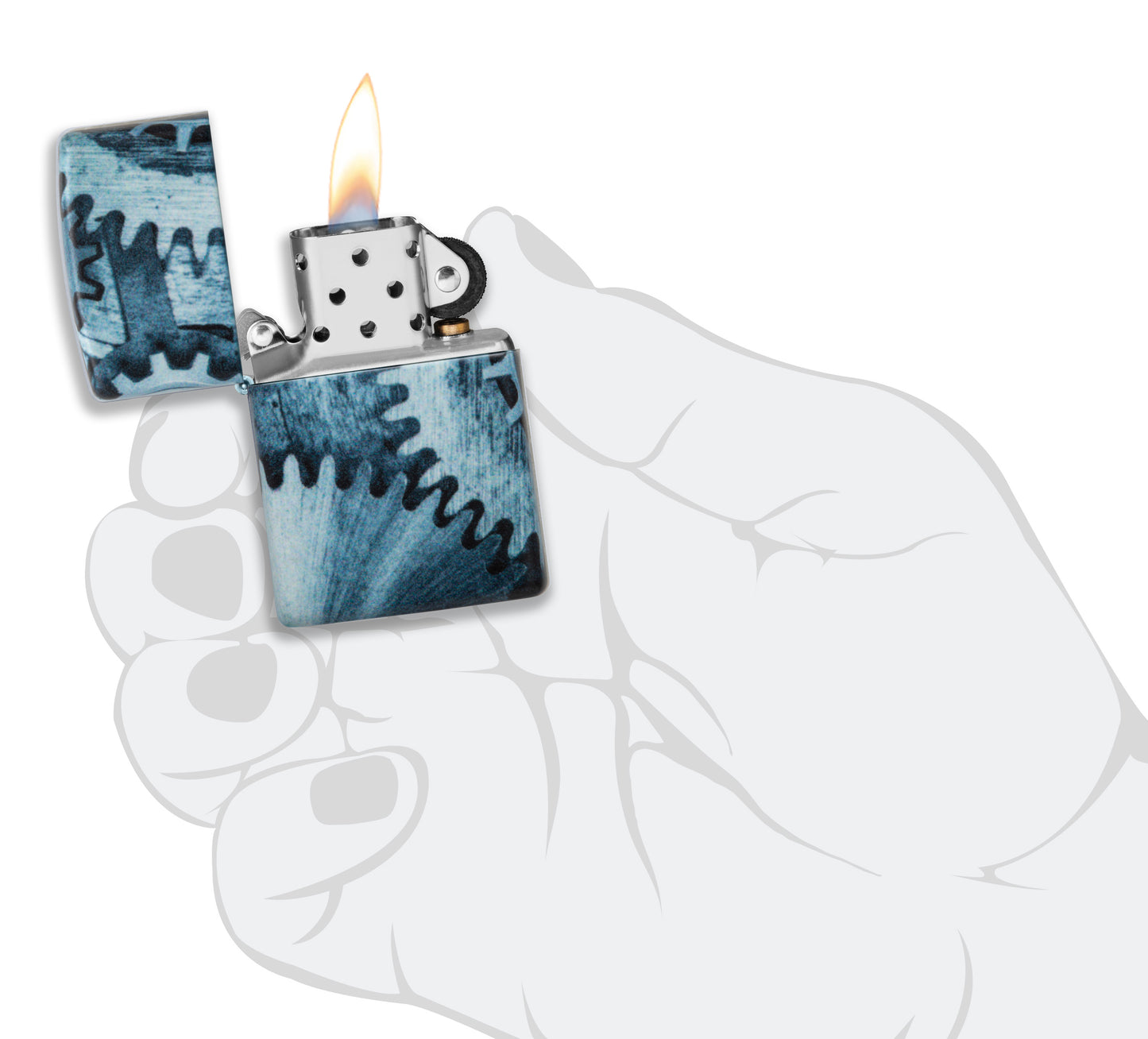 Zippo Feuerzeug 540 Grad Gear Wheels Design mit Zahnräder Online Only geöffnet mit Flamme in stilisierter Hand