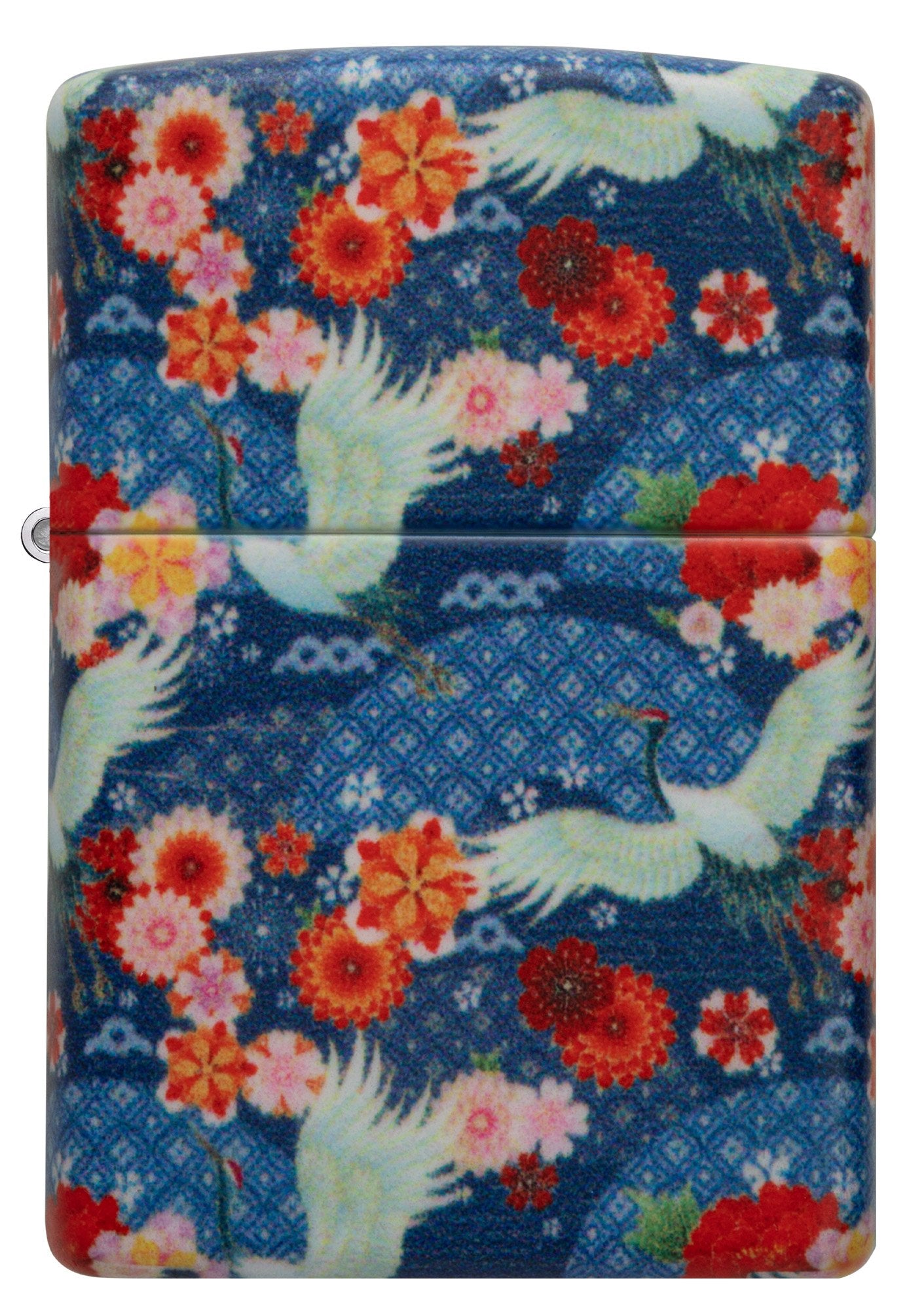 Frontansicht Zippo Feuerzeug Kimono 540 Grad Design mit weißen großen Vögeln und roten Blumen