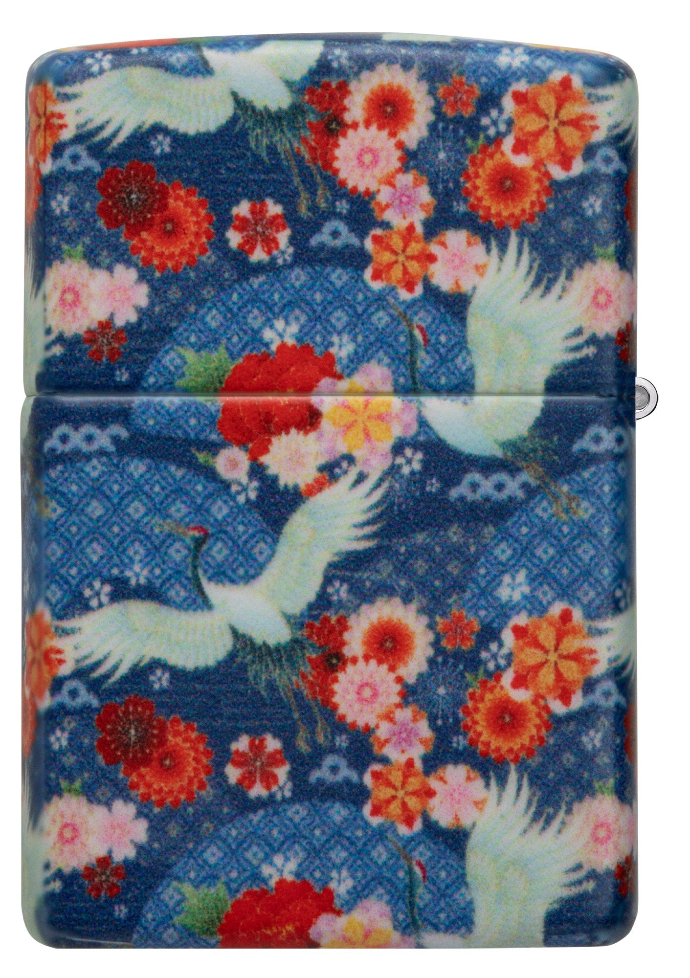 Rückansicht Zippo Feuerzeug Kimono 540 Grad Design mit weißen großen Vögeln und roten Blumen