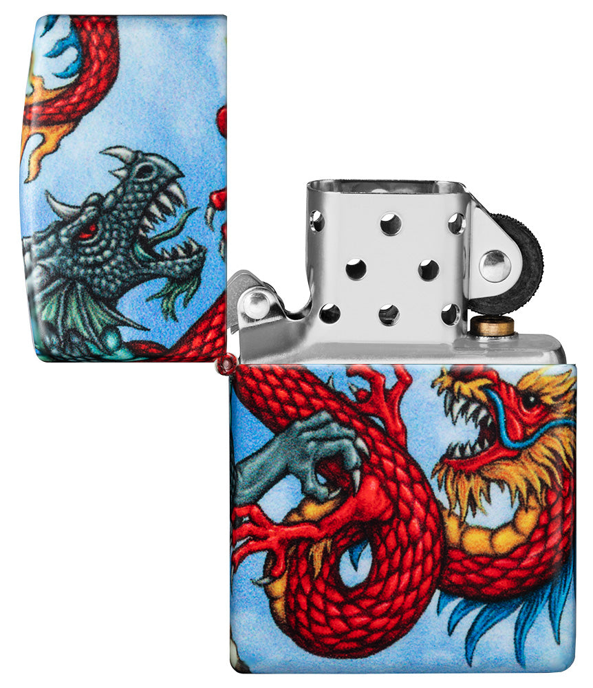 Frontansicht Zippo Feuerzeug White Matte 540° Color Image mit Drachen geöffnet