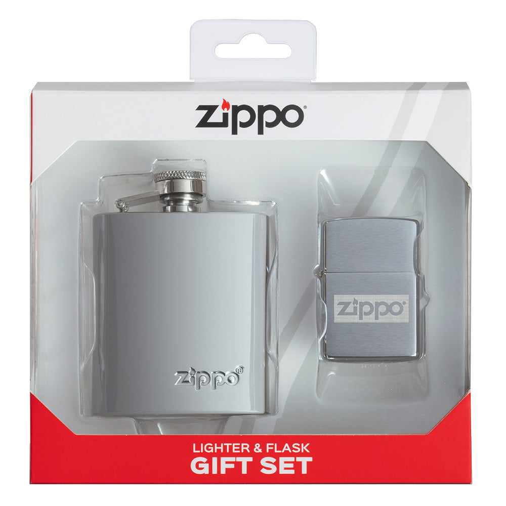 Frontansicht Zippo Geschenkset Flachmann und Feuerzeug chrom