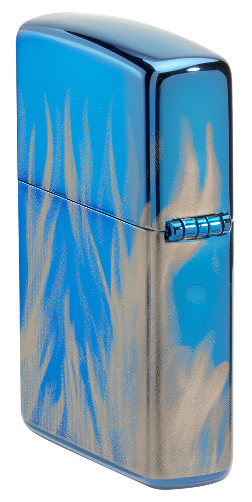 Zippo Feuerzeug Seitenansicht hinten Hochglanz Blau Fotodruck mit Harley Davidson Logo umgeben von lodernden Flammen