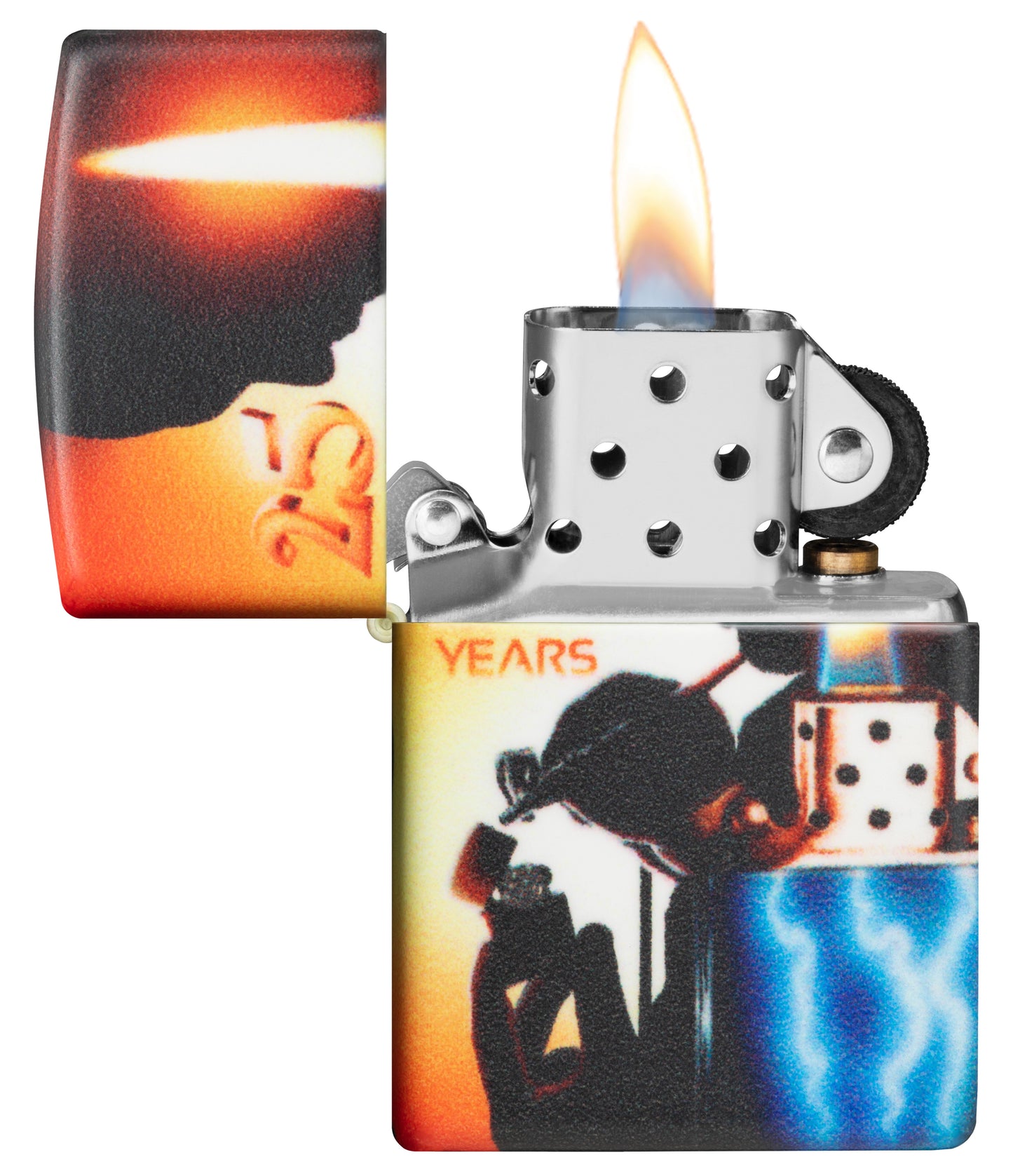 Zippo Feuerzeug 25 Jahre Collectible Airbrush Claudio Mazzi 540 Grad Design geöffnet mit Flamme