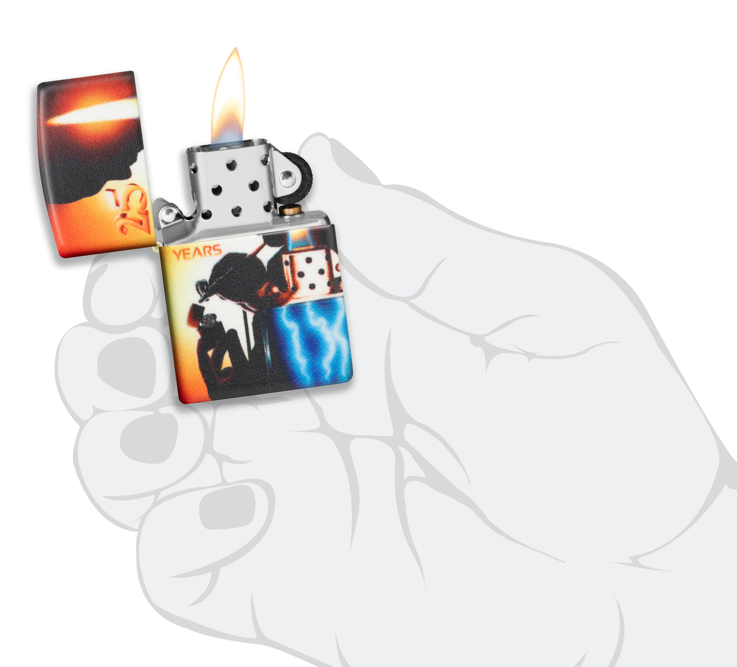 Zippo Feuerzeug 25 Jahre Collectible Airbrush Claudio Mazzi 540 Grad Design geöffnet mit Flamme in stilisierter Hand