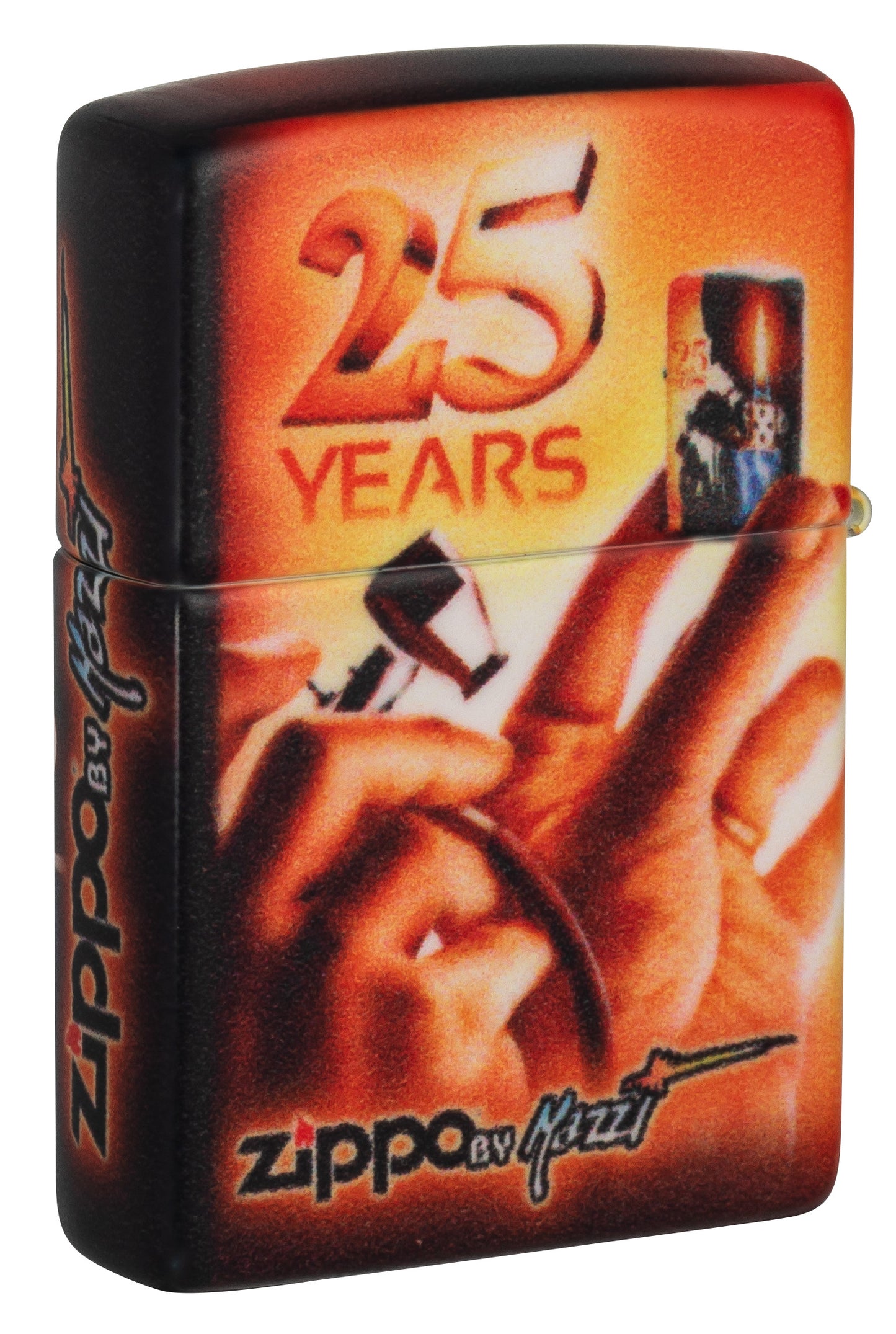 Rückansicht 3/4 Winkel Zippo Feuerzeug 25 Jahre Collectible Airbrush Claudio Mazzi 540 Grad Design mit Logo