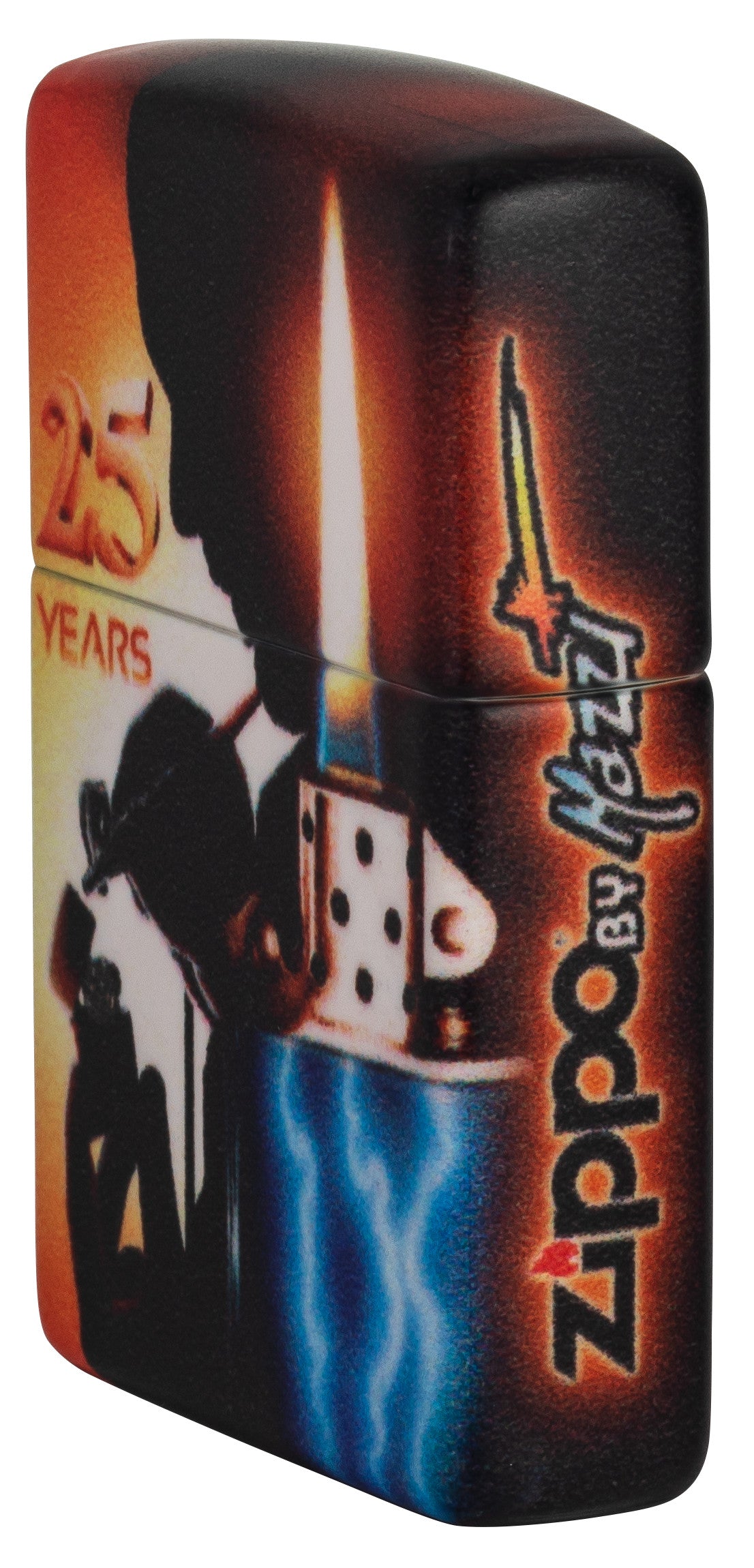 Seitenansicht vorne 3/4 Winkel Zippo Feuerzeug 25 Jahre Collectible Airbrush Claudio Mazzi 540 Grad Design mit Logo
