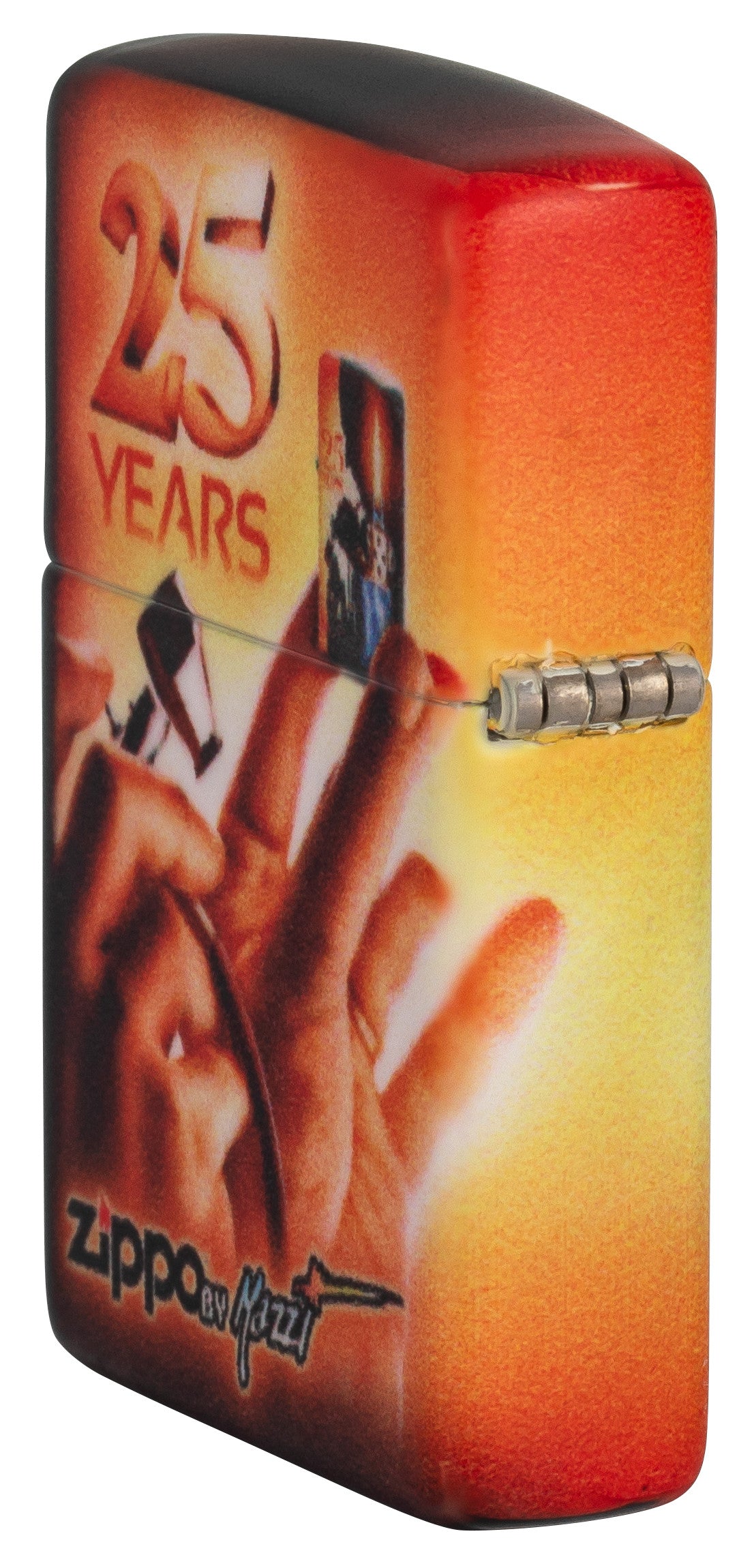 Seitenansicht hinten 3/4 Winkel Zippo Feuerzeug 25 Jahre Collectible Airbrush Claudio Mazzi 540 Grad Design mit Logo