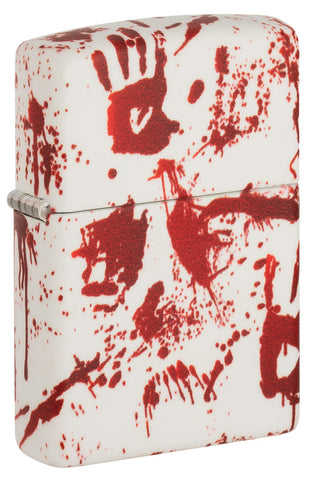 Zippo Feuerzeug Frontansicht ¾ Winkel 540 Grad Design matt weiß mit blutigen Handabdrücken