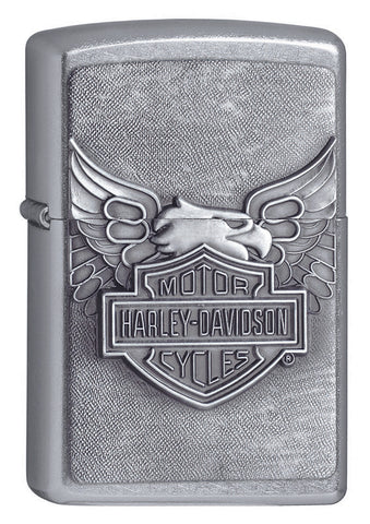 Frontansicht 3/4 Winkel Zippo Feuerzeug Chrom Harley Davidson Logo mit Adler Emblem