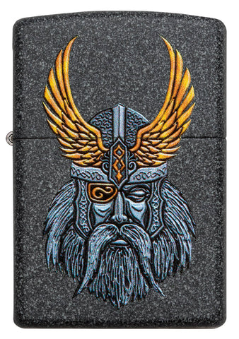 Frontansicht Zippo Feuerzeug grau mit dem Kopf von Göttervater Odin