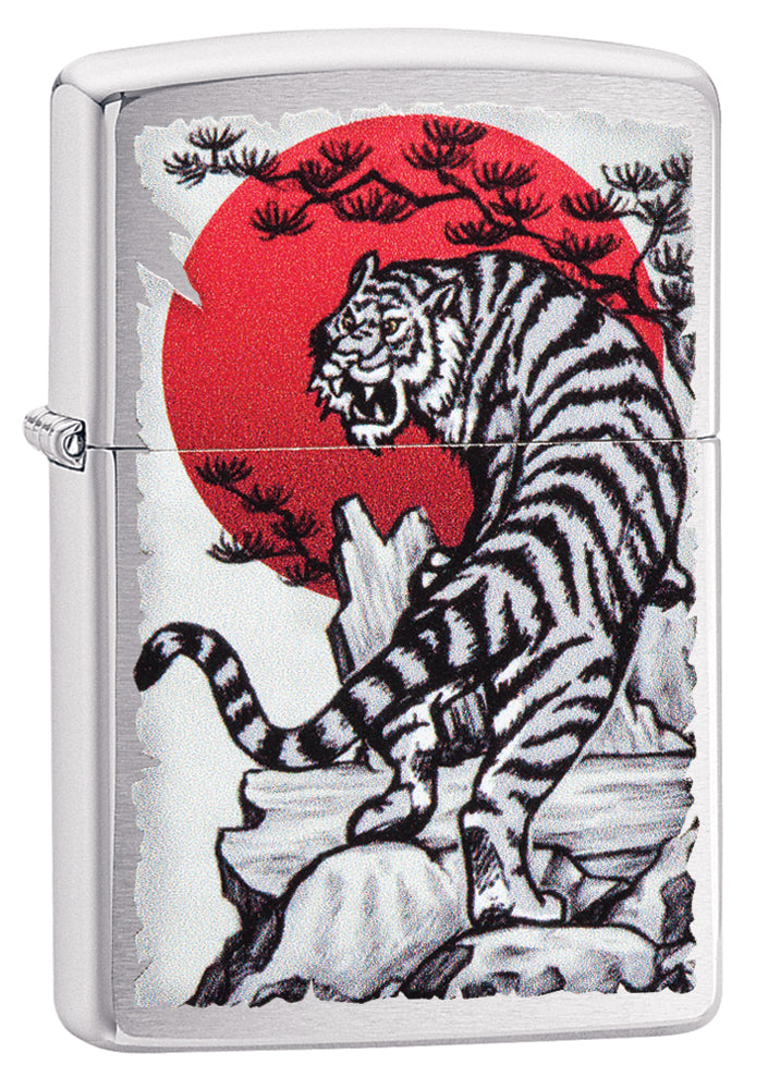 Frontansicht 3/4 Winkel Zippo Feuerzeug chrom mit asiatischem Tiger vor roter Sonne