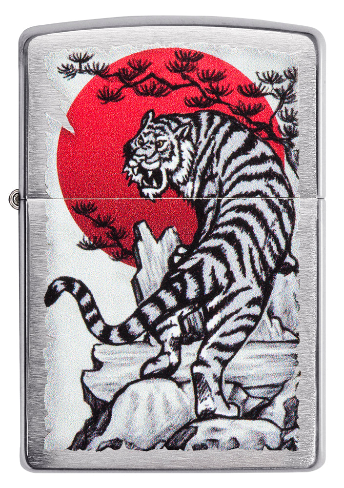 Zippo Feuerzeug chrom mit asiatischem Tiger vor roter Sonne