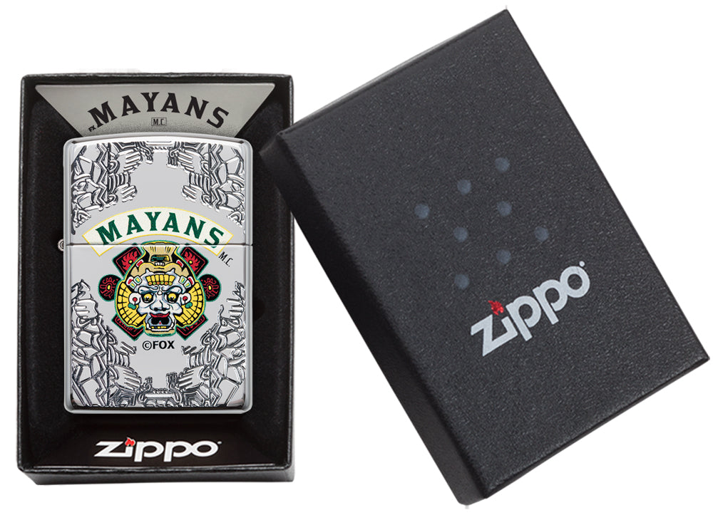 Zippo Feuerzeug chrom mit tiefen Gravuren Mayans M.C. in offener Box