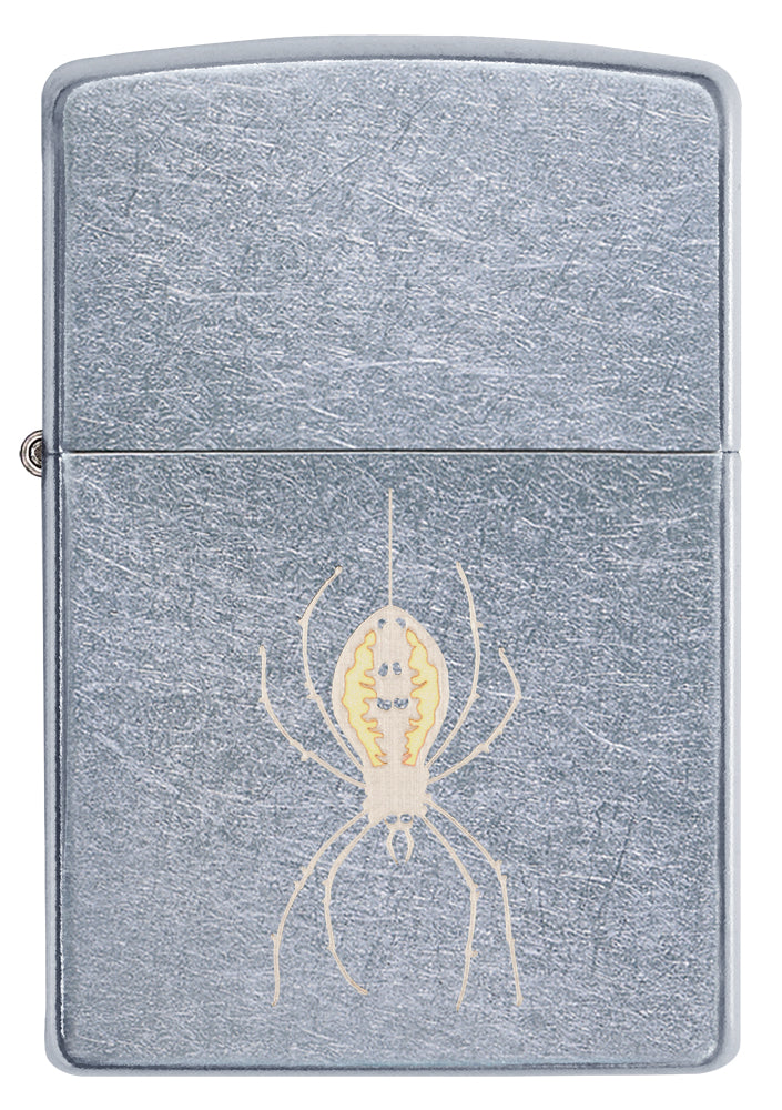 Frontansicht Zippo Feuerzeug chrom mit Spinne an Faden