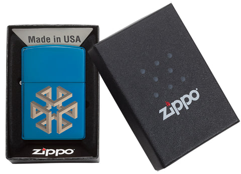 Zippo Feuerzeug blau Hochglanz Qaudrat optische Illusion in offener Box