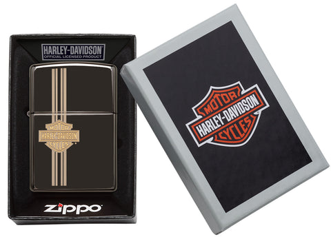 Zippo Feuerzeug schwarz Hochglanz Kleines Harley Davidson Logo graviert in offener Box