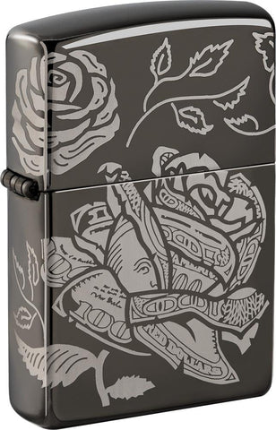 Zippo Feuerzeug Frontansicht ¾ Winkel Black Ice® mit 360° eingravierter Abbildung von einem Geldschein in Form einer Rose